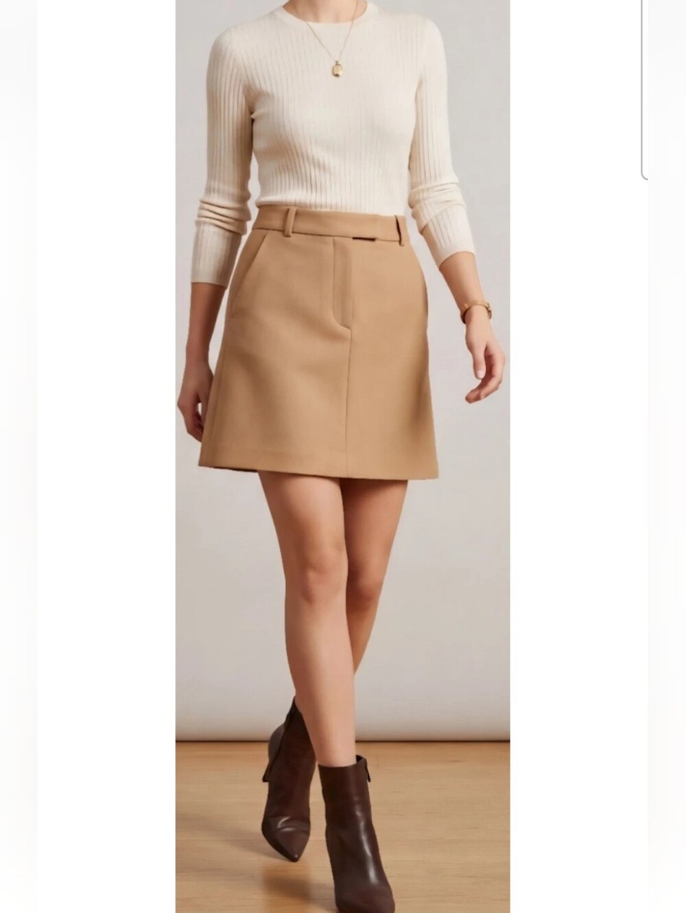 Zara Tan A-Line Mini Skirt Sz M Fall Preppy Office Minimalist Quiet Luxury